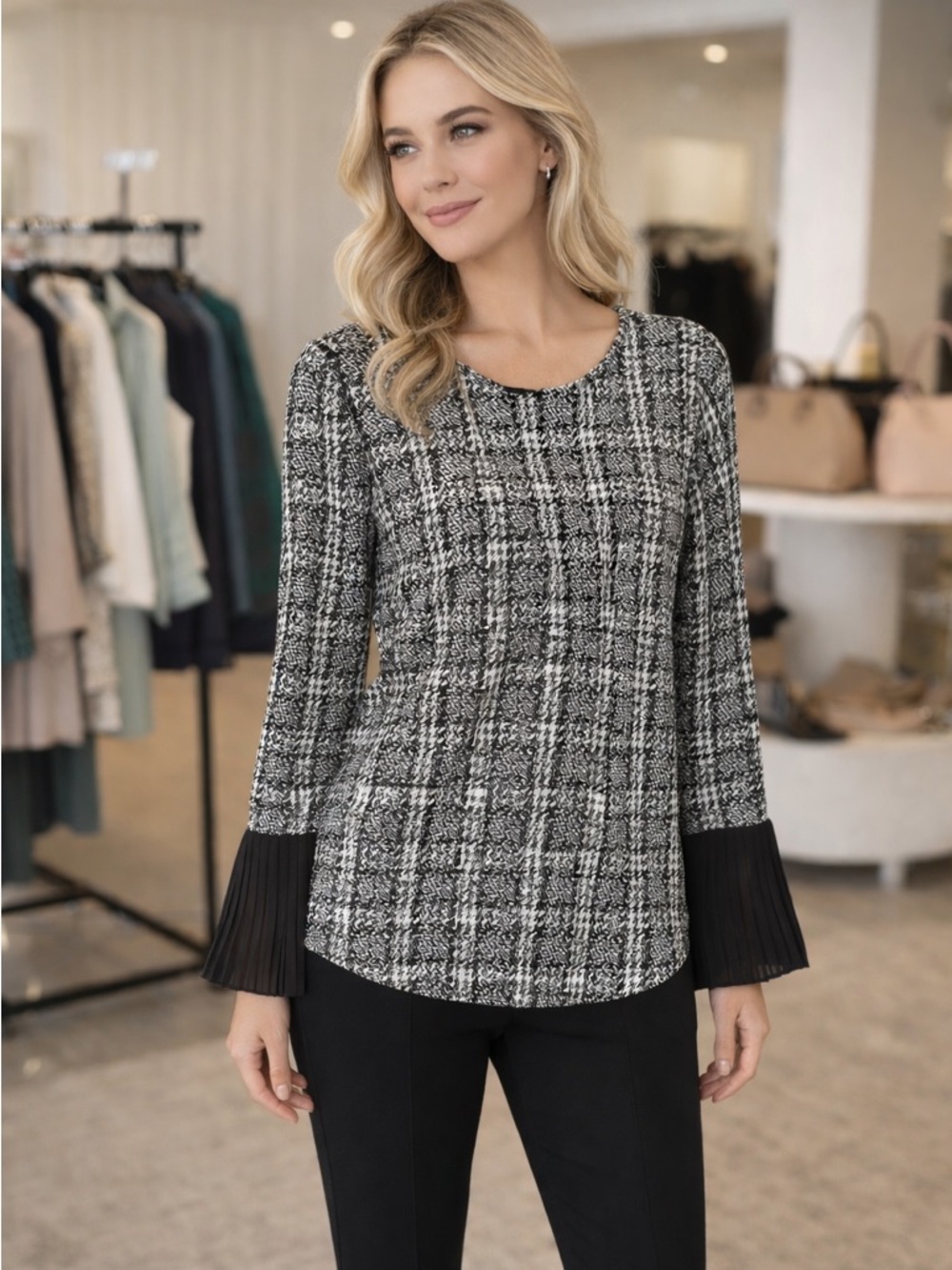 Michael Kors Tweed Print Blouse Top – Black & Cream Long Sleeve, Size Medium